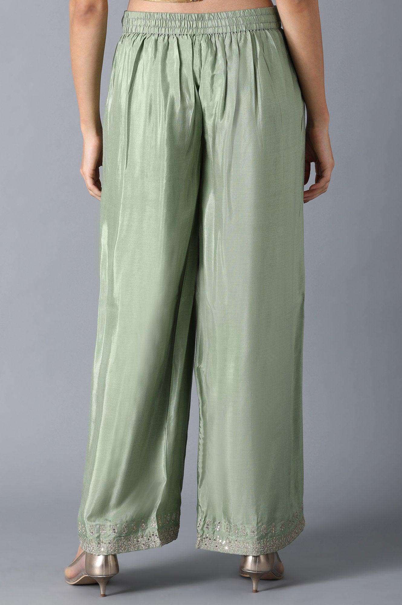 Green Embroidered Parallel Pants - wforwoman