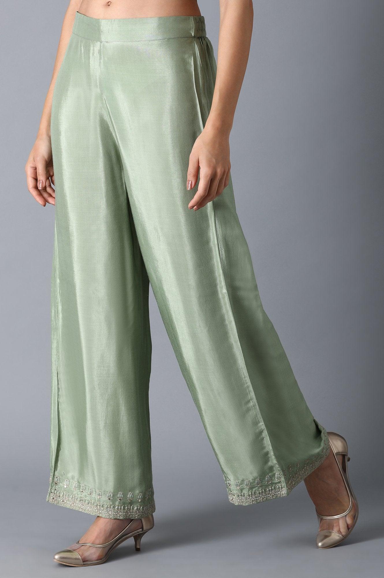 Green Embroidered Parallel Pants - wforwoman