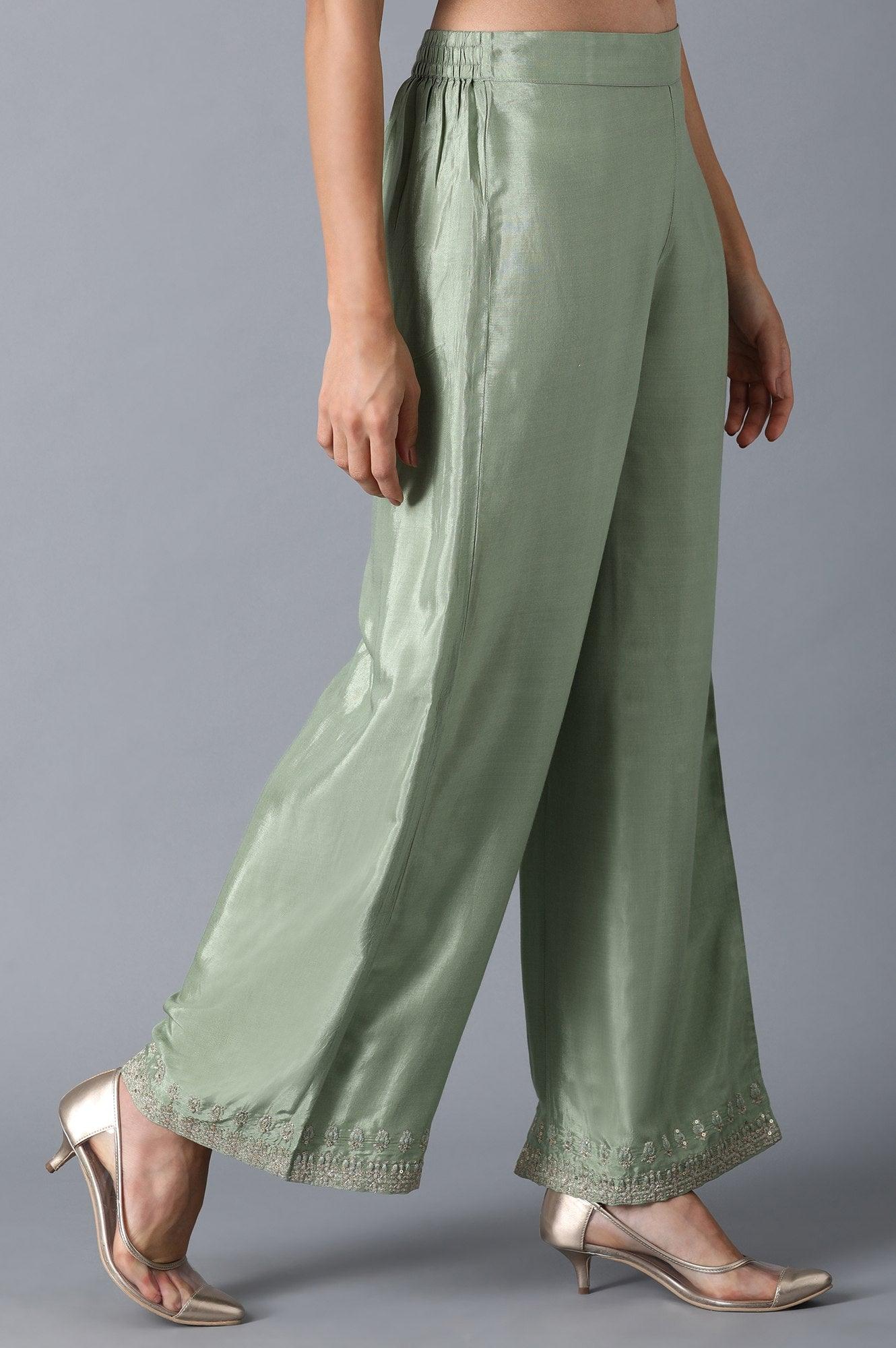 Green Embroidered Parallel Pants - wforwoman