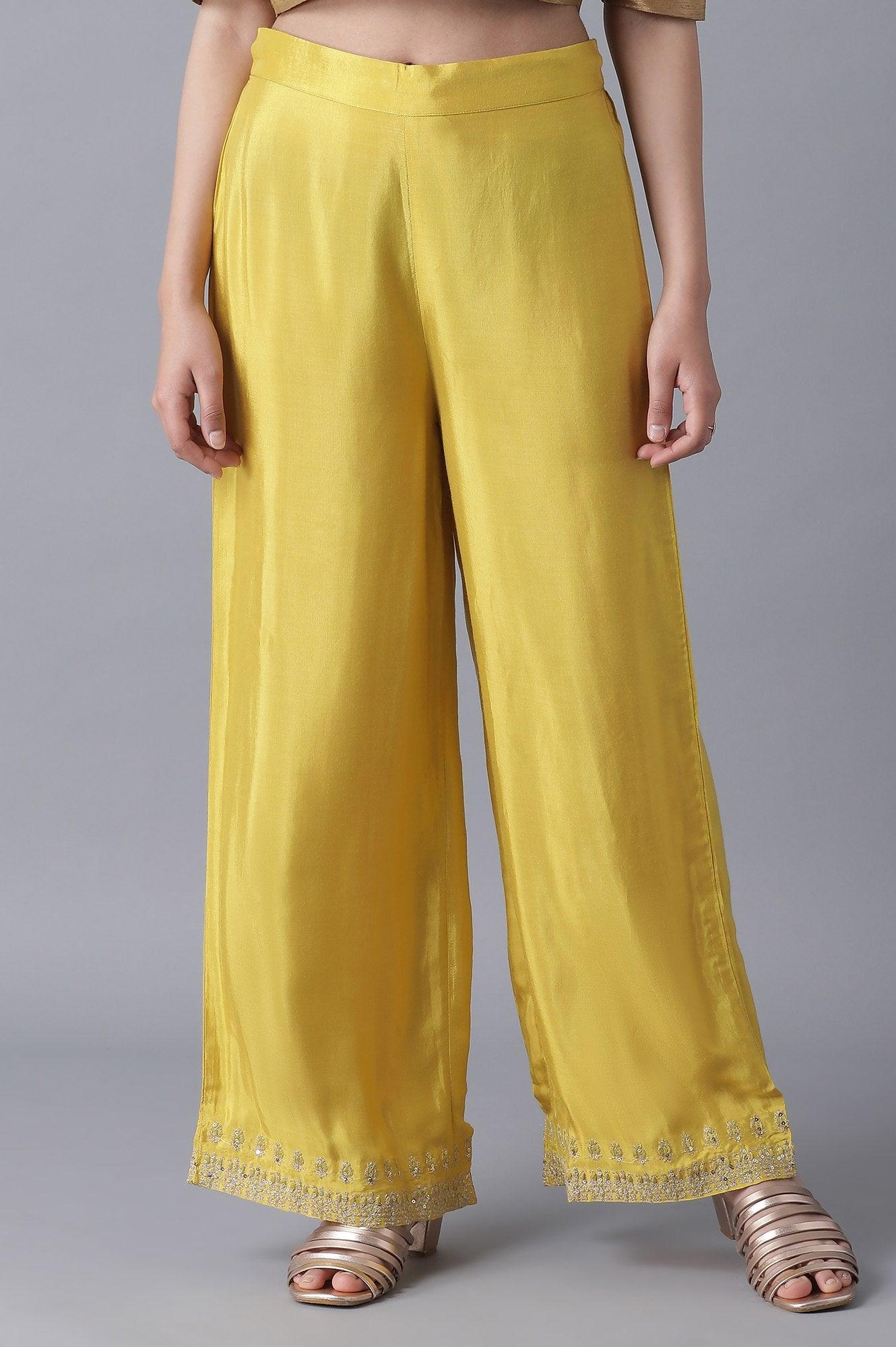 Yellow Embroidered Parallel Pants - wforwoman