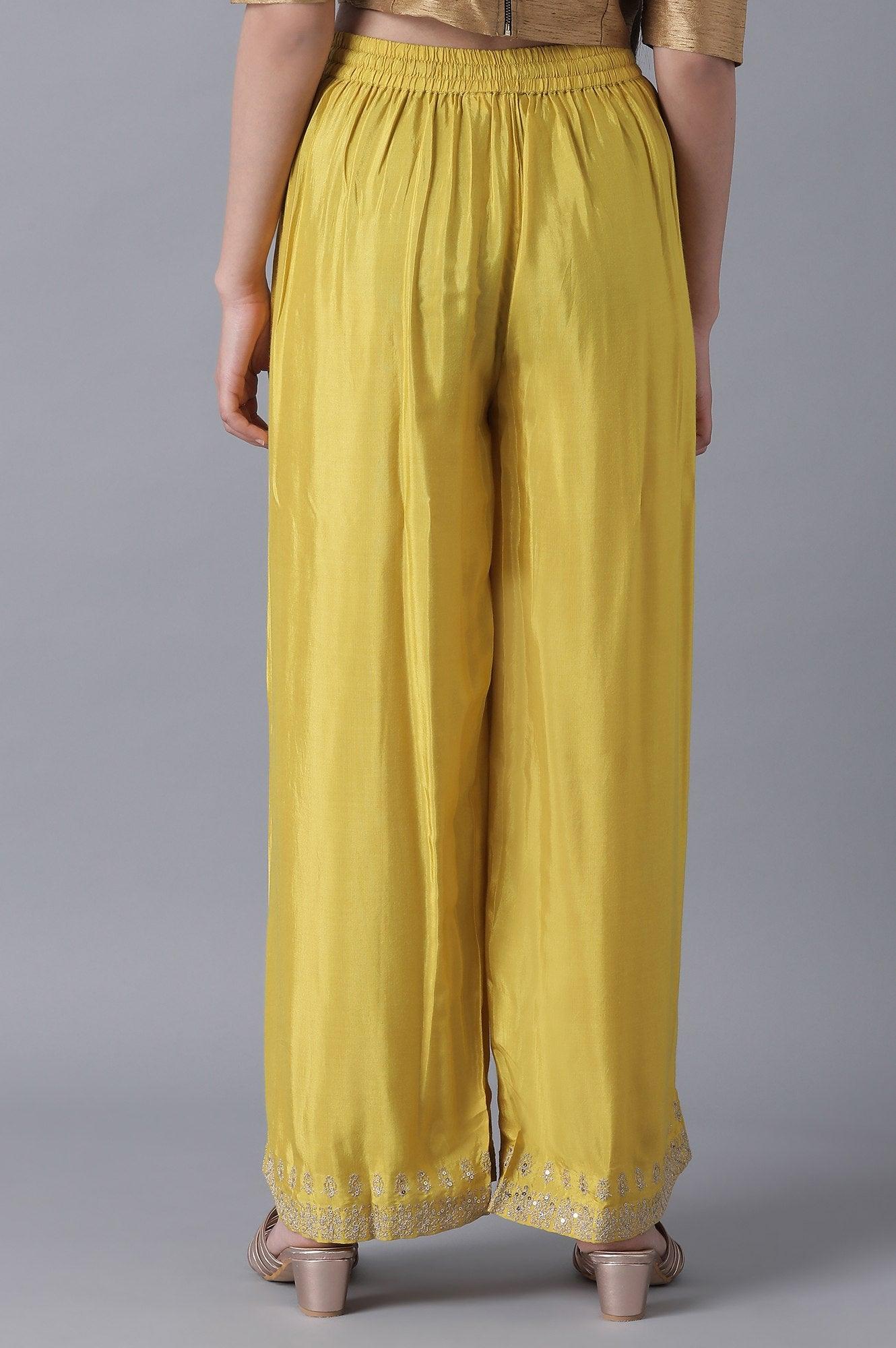 Yellow Embroidered Parallel Pants - wforwoman