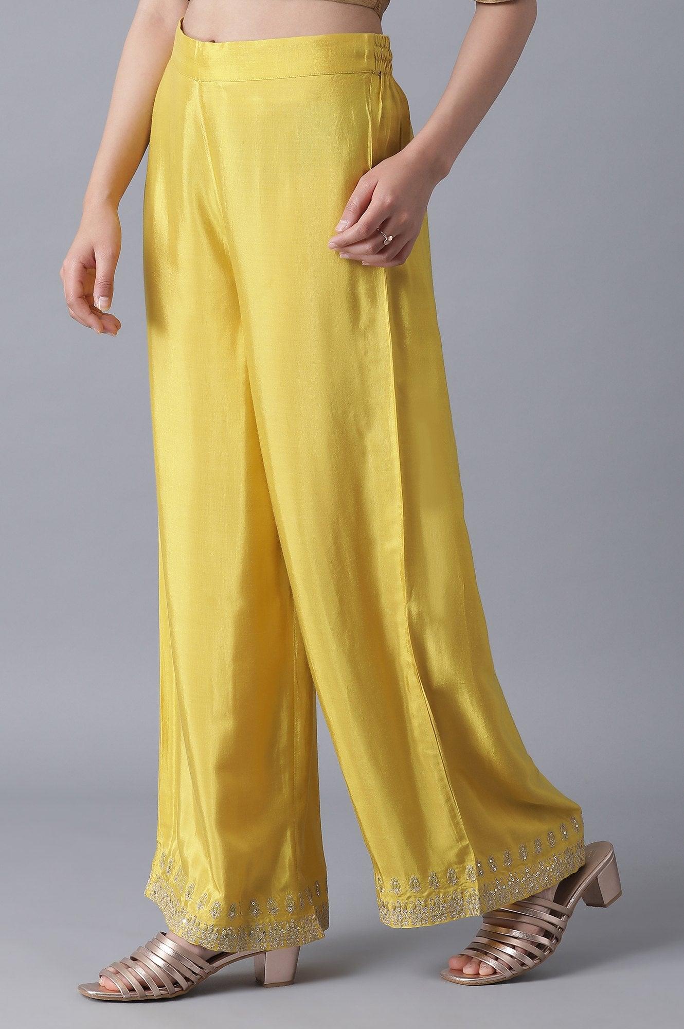 Yellow Embroidered Parallel Pants - wforwoman