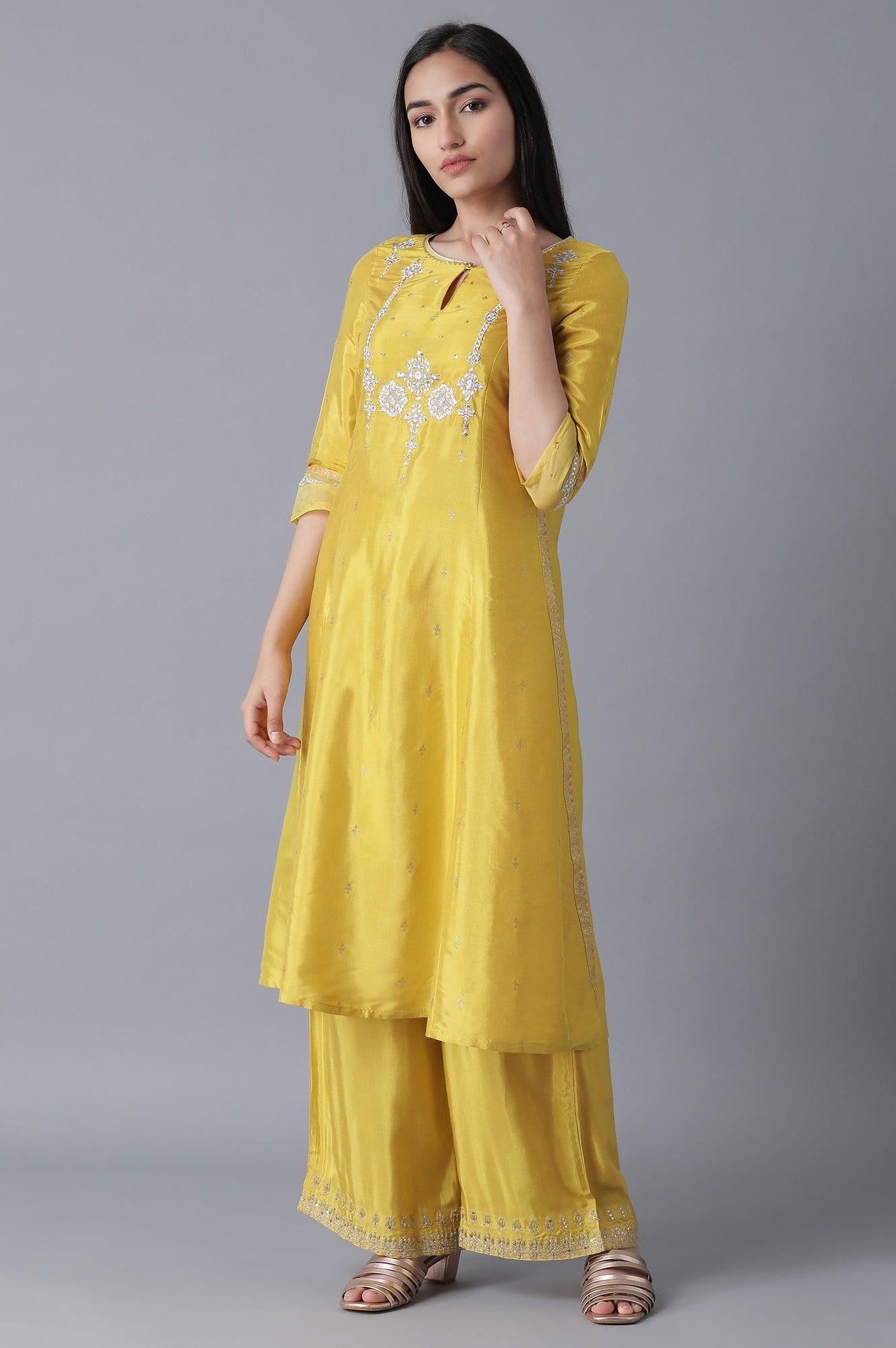 Yellow Embroidered Parallel Pants - wforwoman