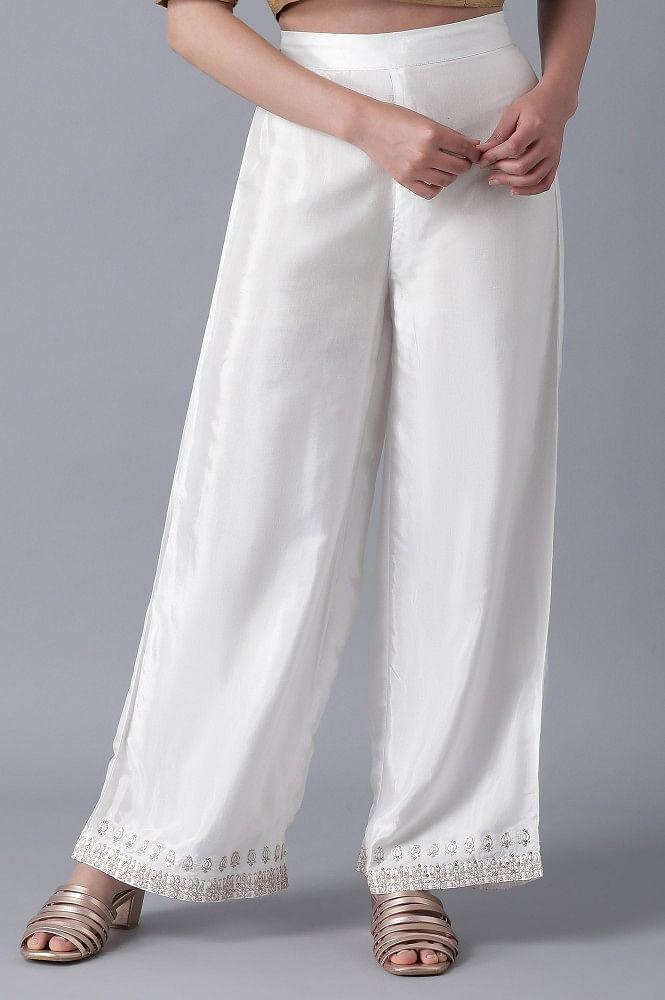 Ecru Embroidered Parallel Pants - wforwoman