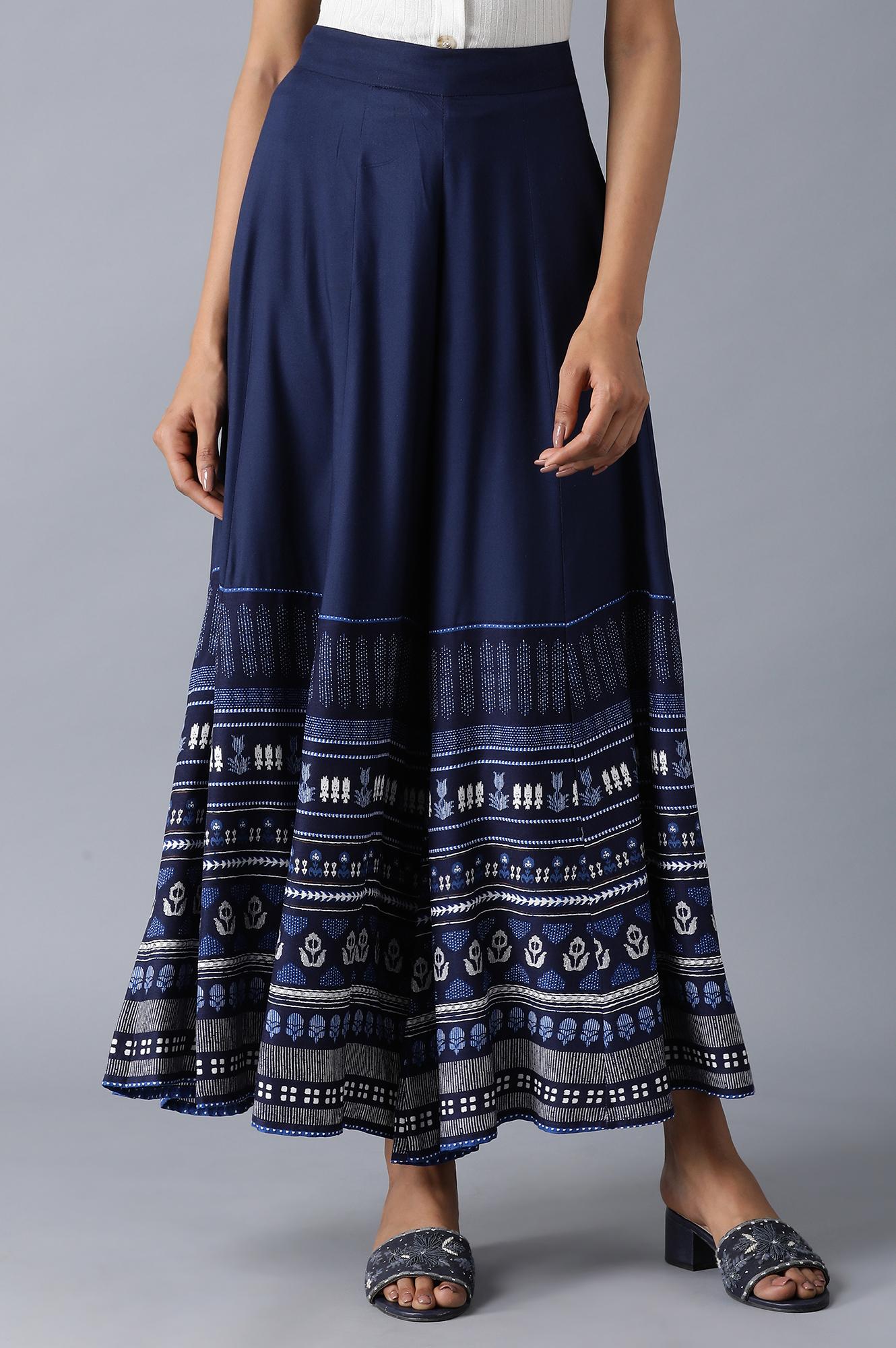 Navy Blue Printed Panelled Skirt