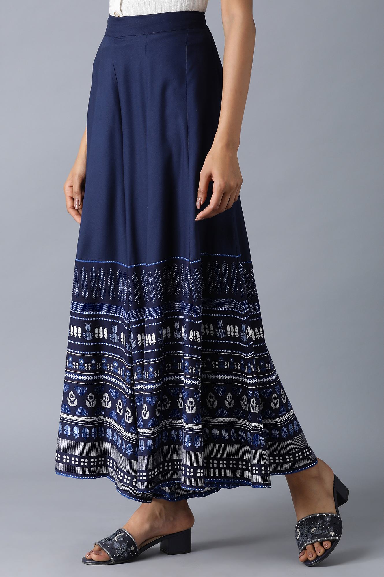 Navy Blue Printed Panelled Skirt