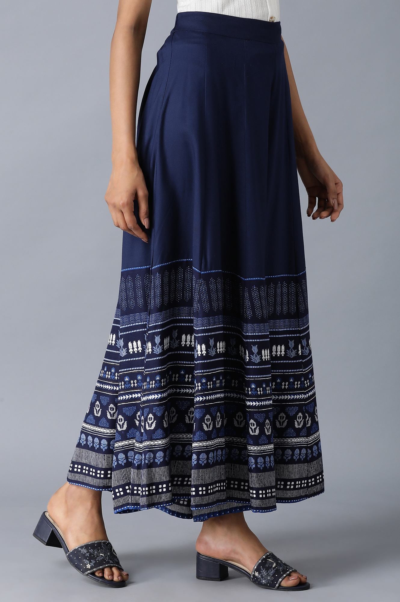 Navy Blue Printed Panelled Skirt