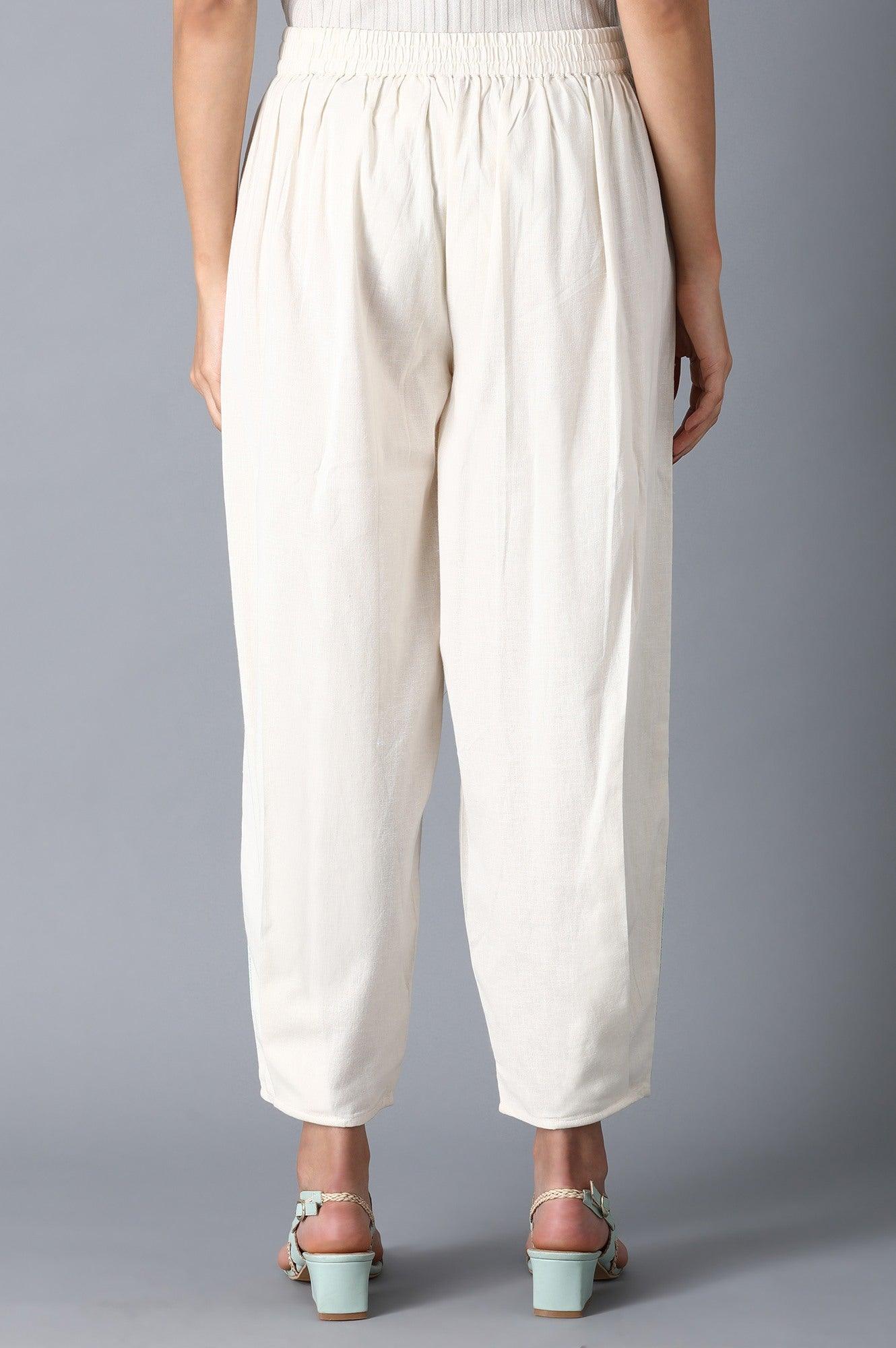 Off White Embroidered Pants - wforwoman