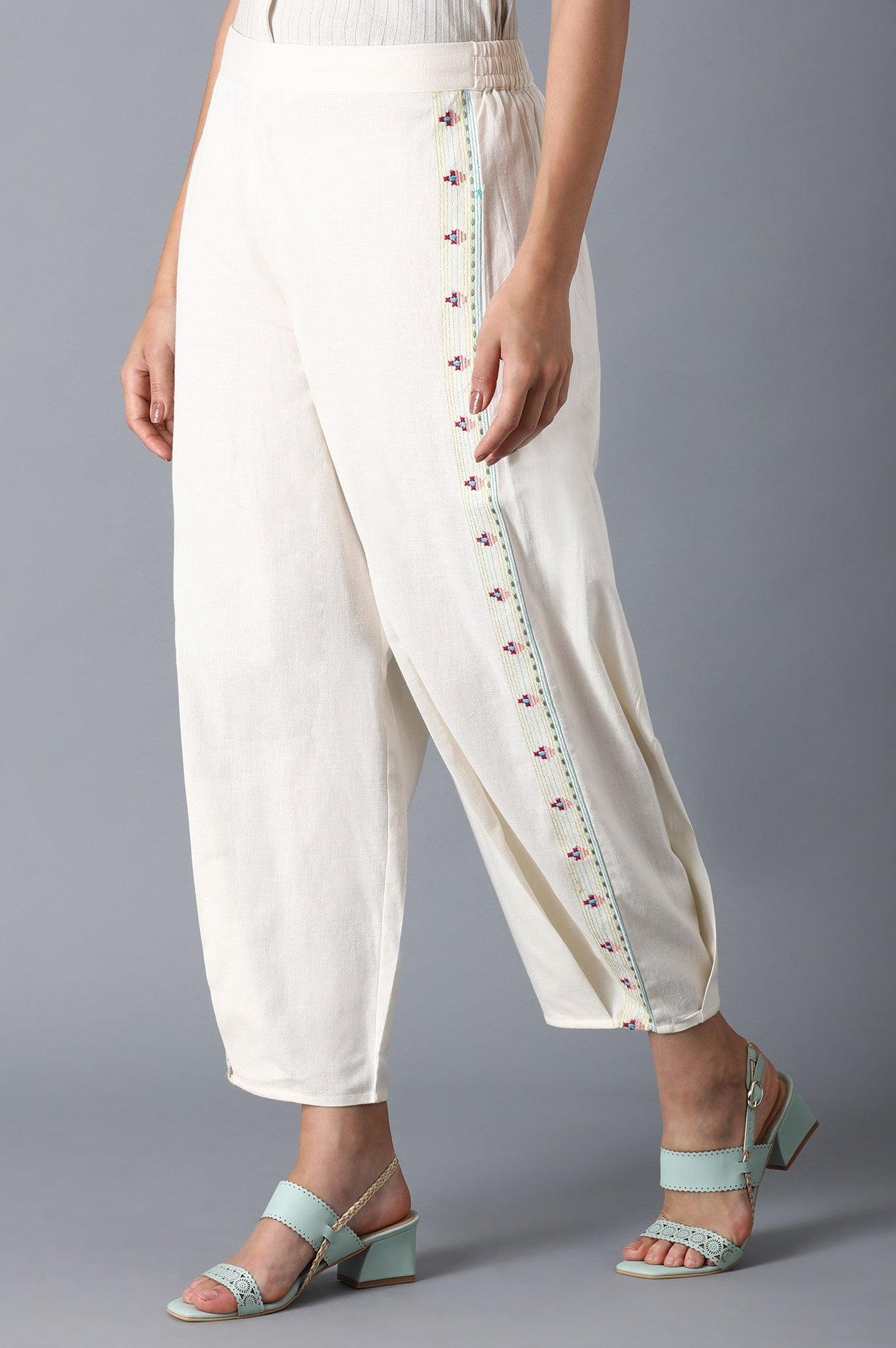 Off White Embroidered Pants - wforwoman