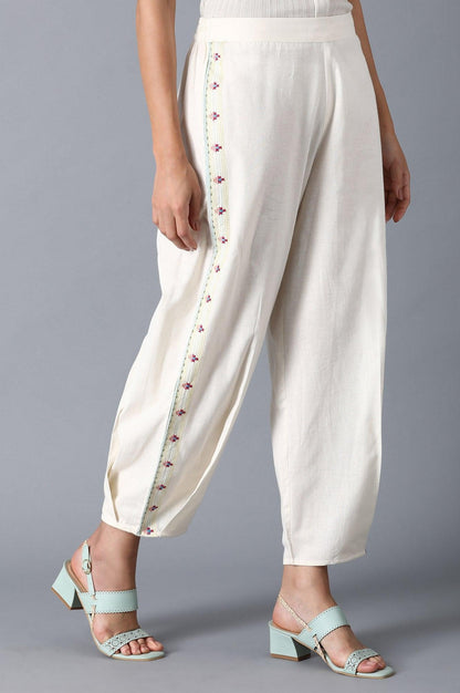 Off White Embroidered Pants - wforwoman