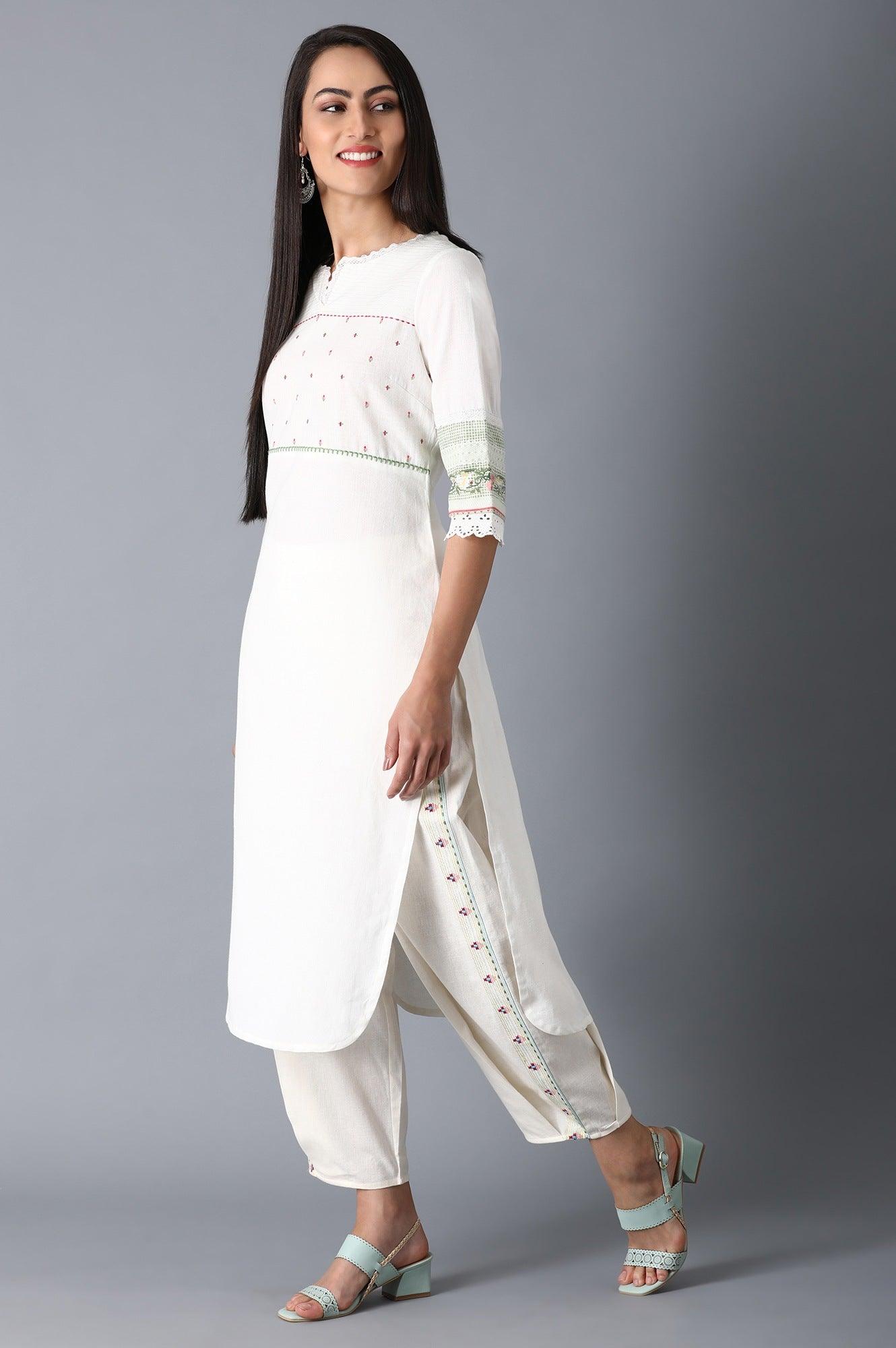 Off White Embroidered Pants - wforwoman