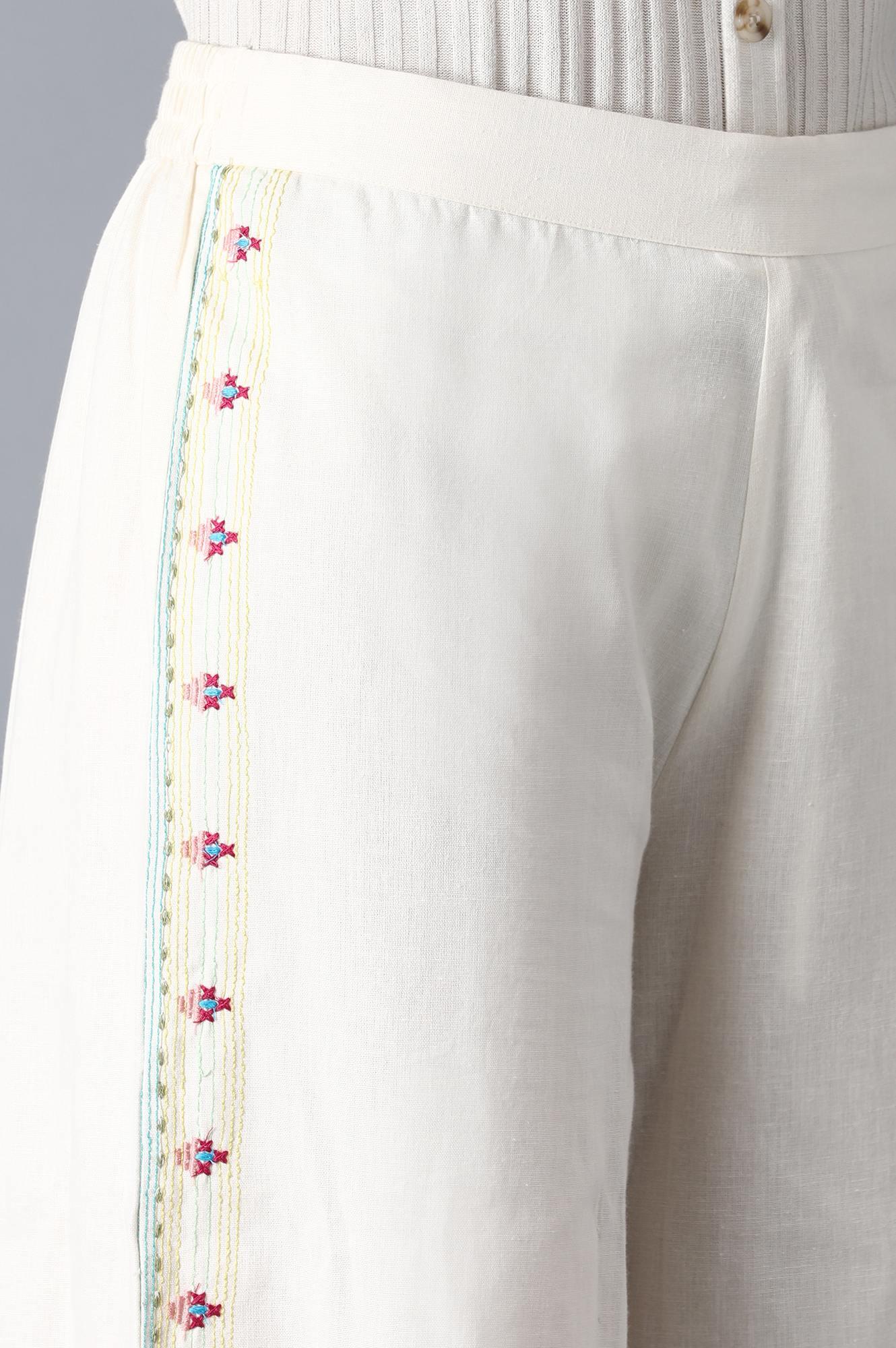 Off White Embroidered Pants - wforwoman