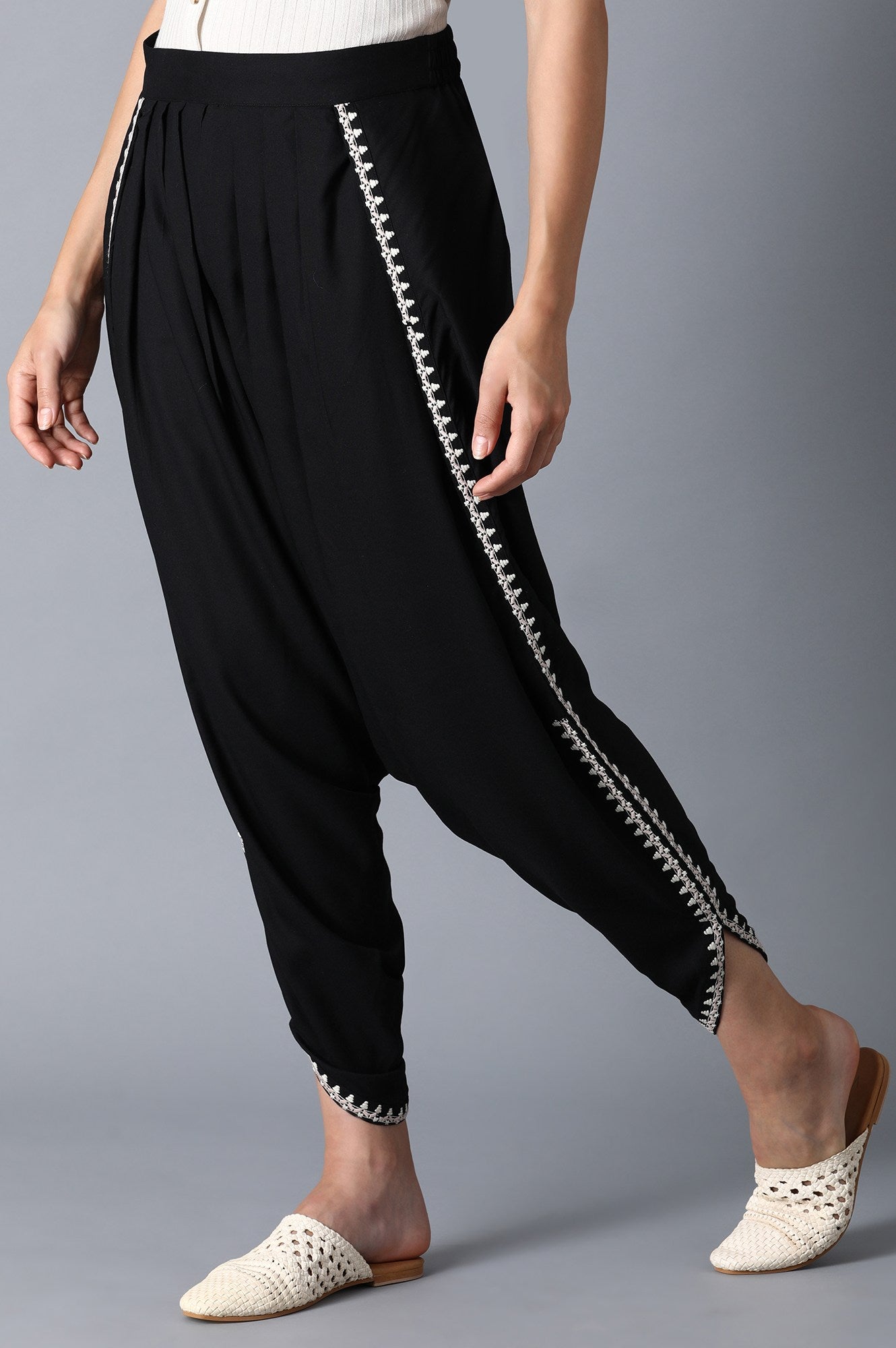 Black Embroidered Draped Pants