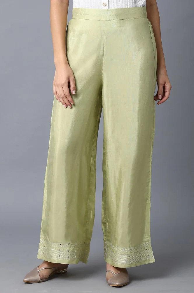 Green Solid Shantung Parallel Pants - wforwoman