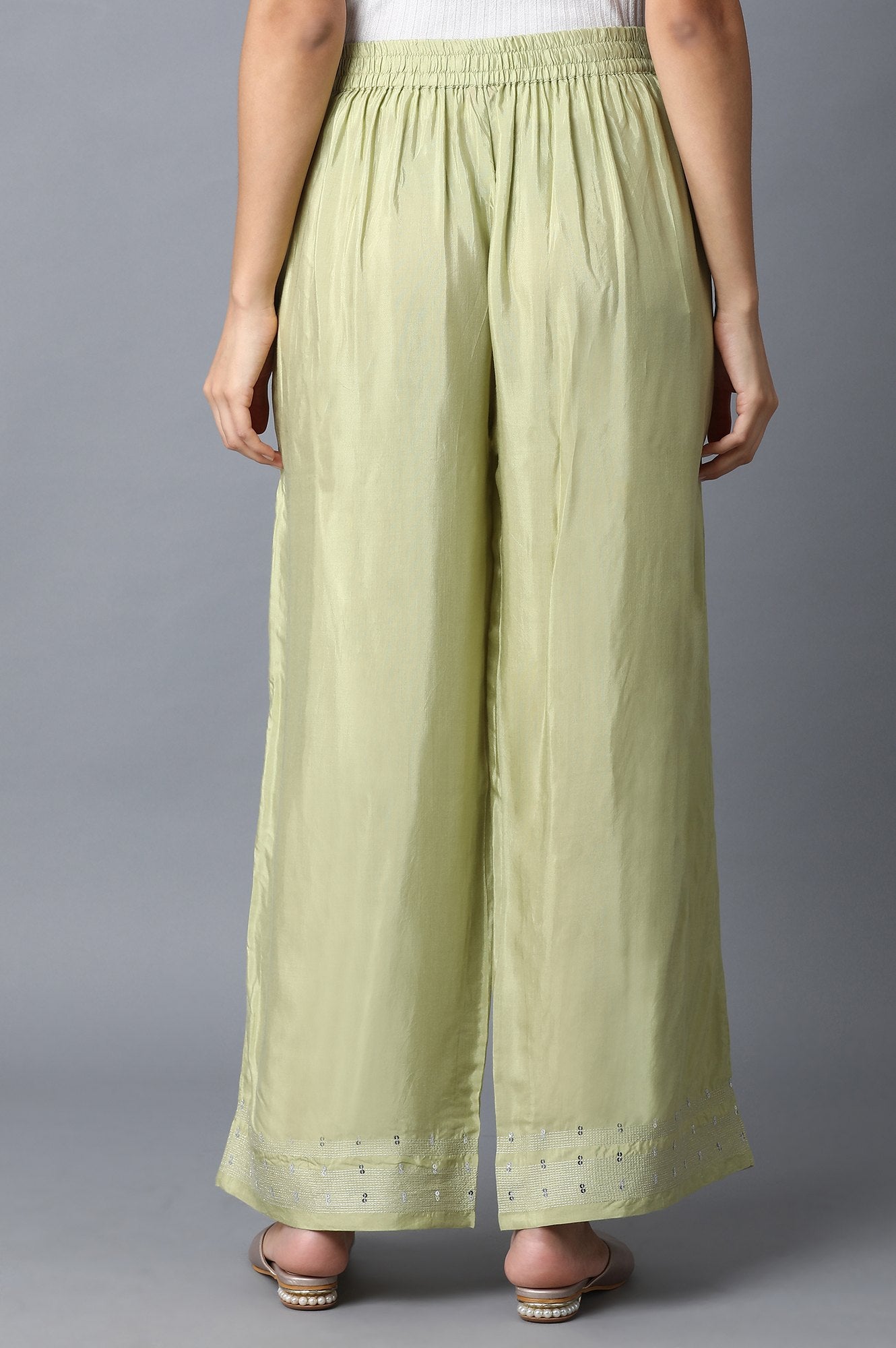 Green Solid Shantung Parallel Pants