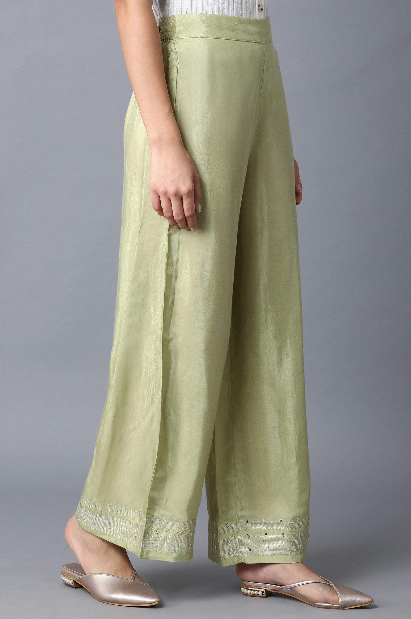 Green Solid Shantung Parallel Pants