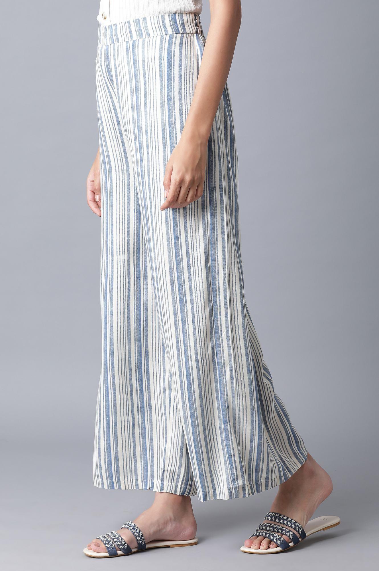 Blue and White Printed Parallel Pants - wforwoman