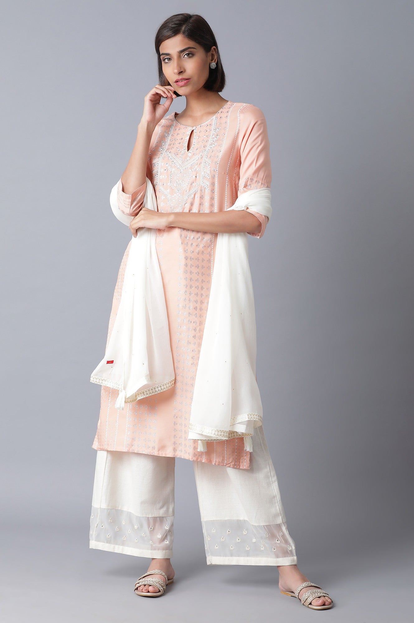 Ecru Mukaish Chiffon Dupatta