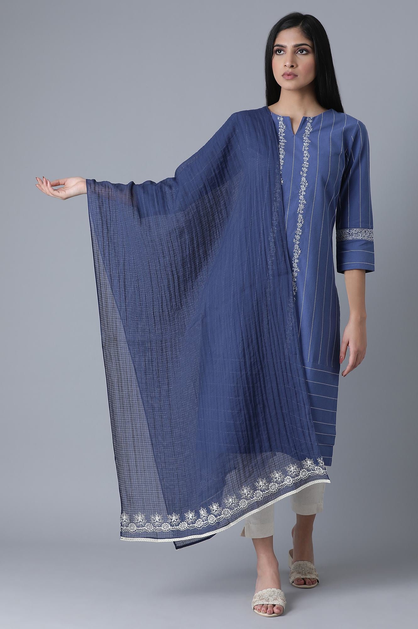 Navy Blue Solid Kota Dupatta