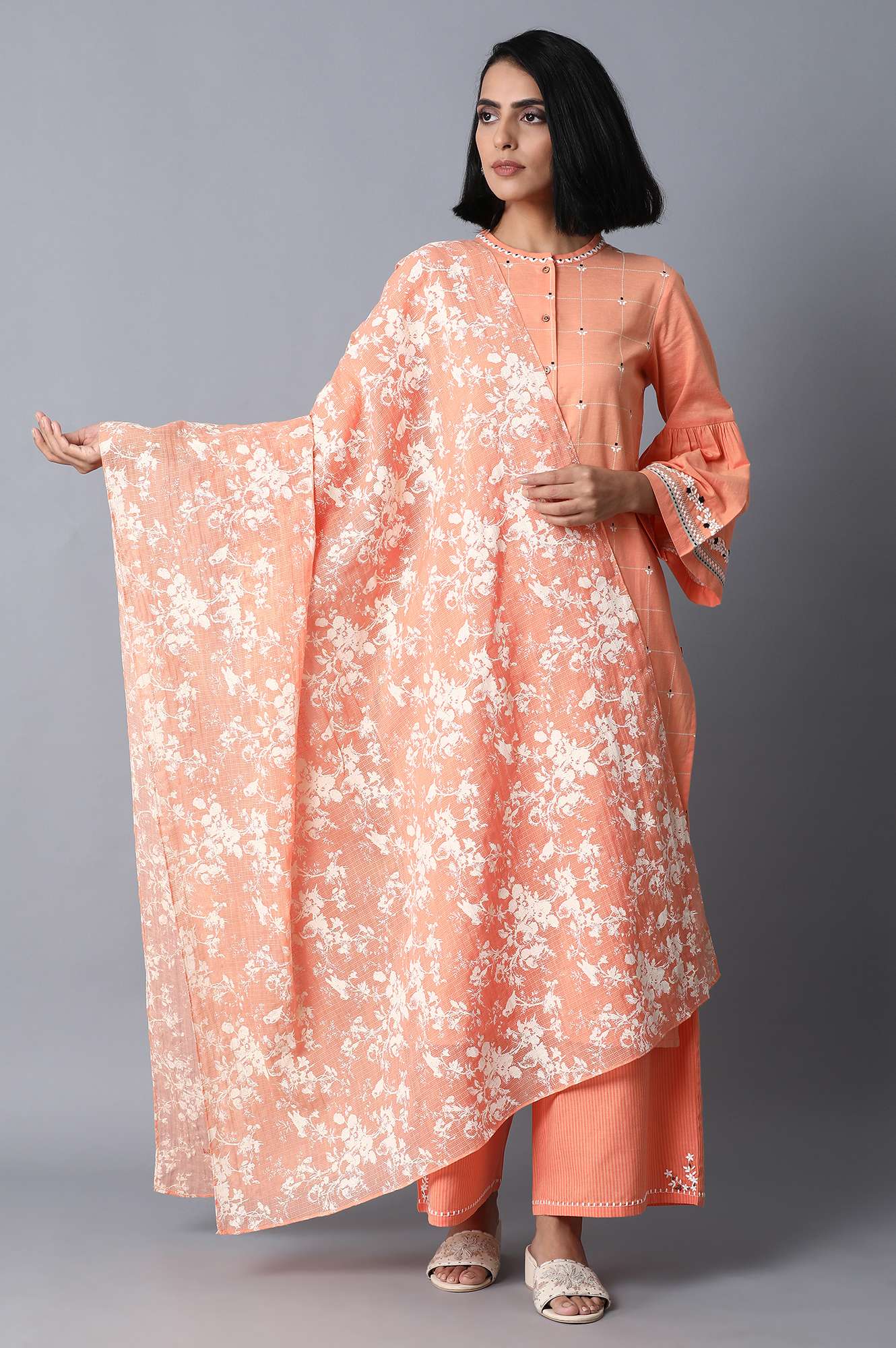 Orange Kota Checks Printed Drape