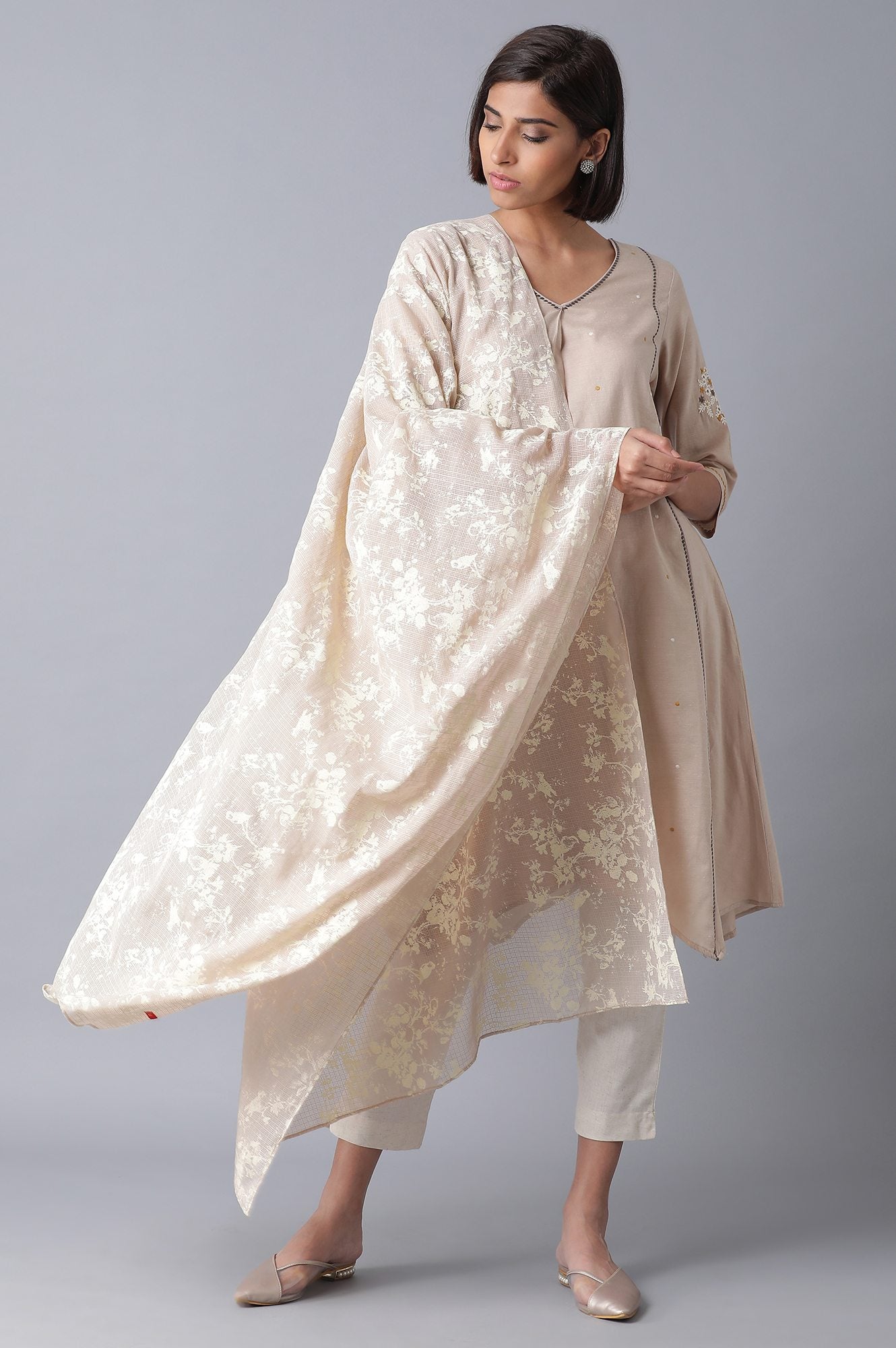 Beige Printed Kota Drape