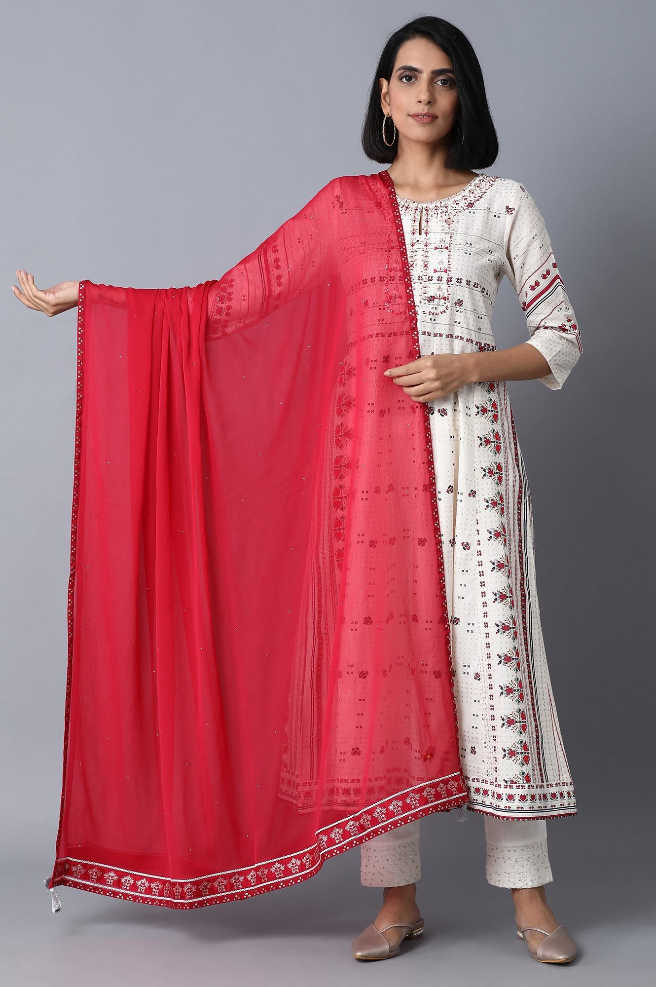 Red Chiffon Mukaish Drape