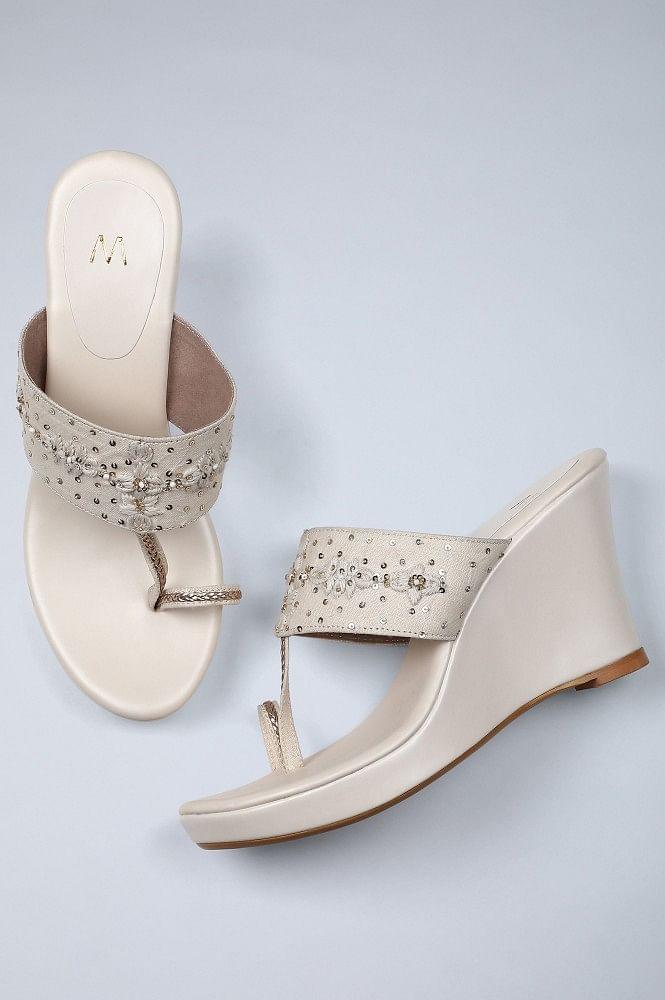 Ecru Embroidered Ring-toed Wedges - wforwoman