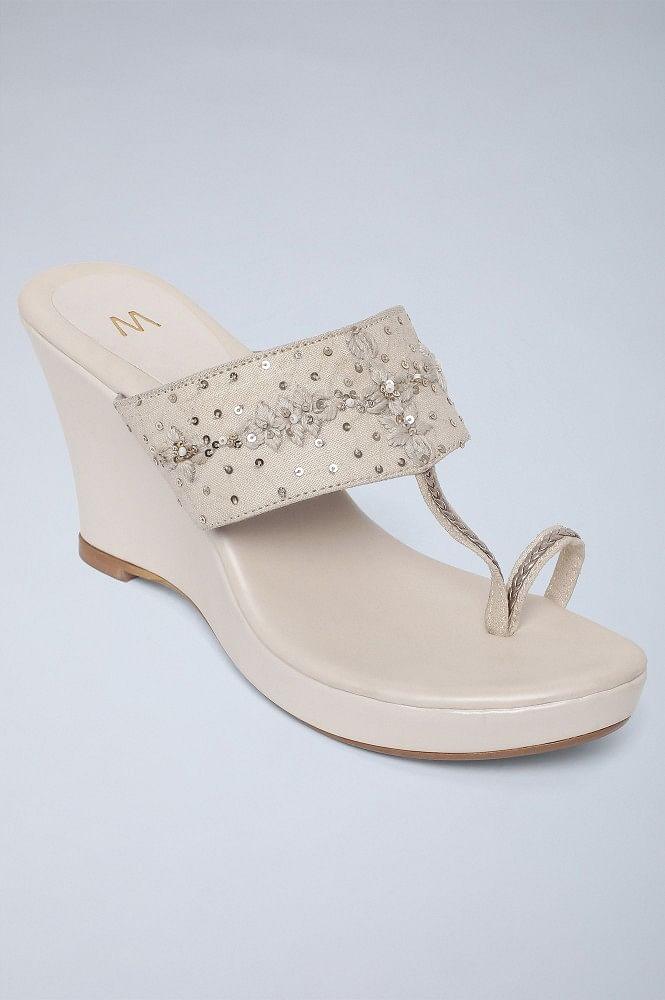 Ecru Embroidered Ring-toed Wedges - wforwoman