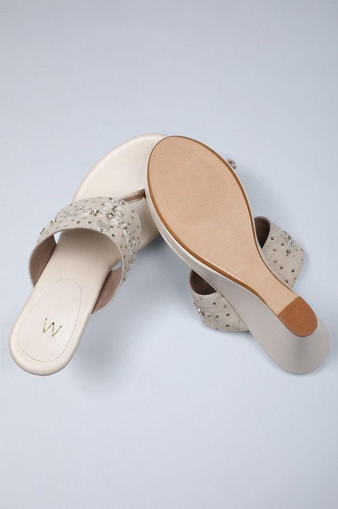 Ecru Embroidered Ring-toed Wedges - wforwoman