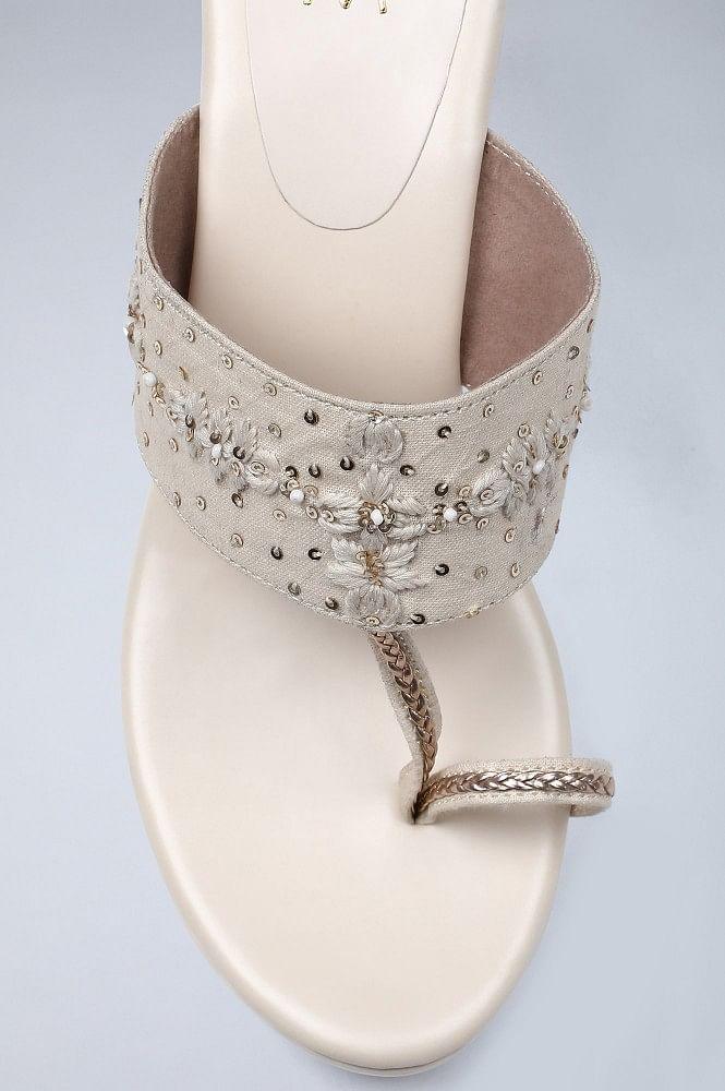 Ecru Embroidered Ring-toed Wedges - wforwoman