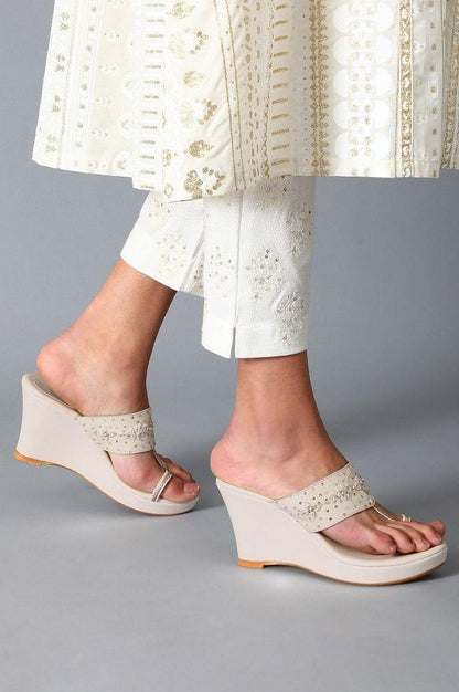 Ecru Embroidered Ring-toed Wedges - wforwoman