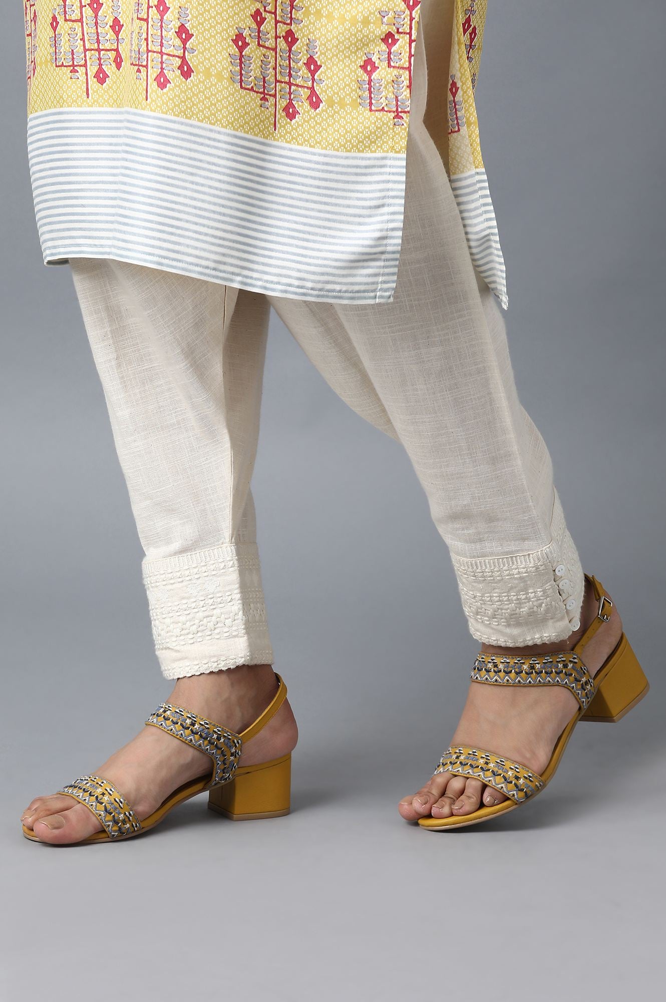 Mustard Embroidered Block Heels