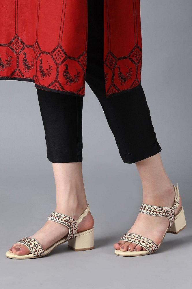 Ecru Embroidered Block Heels - wforwoman