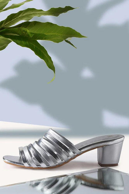 Silver Solid Square Toed Block Heels - wforwoman