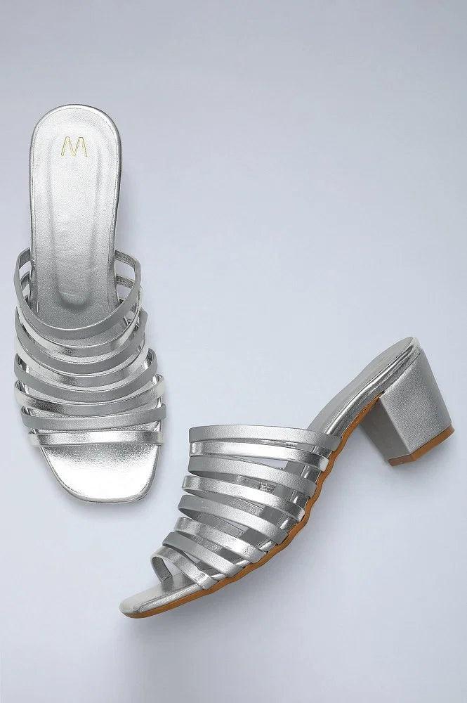 Silver Solid Square Toed Block Heels - wforwoman