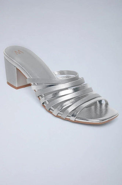 Silver Solid Square Toed Block Heels - wforwoman