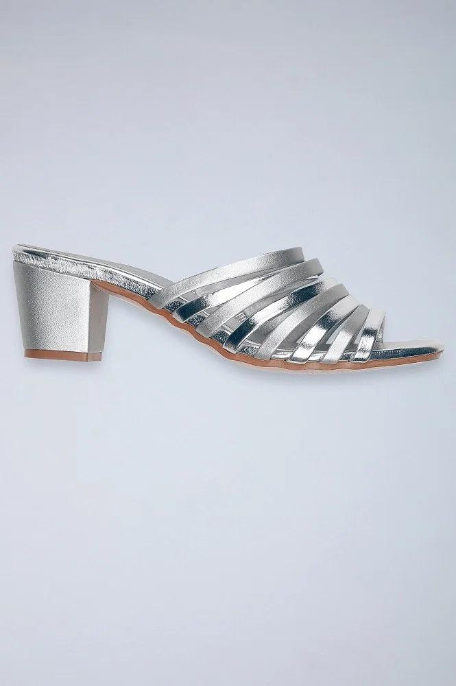 Silver Solid Square Toed Block Heels - wforwoman