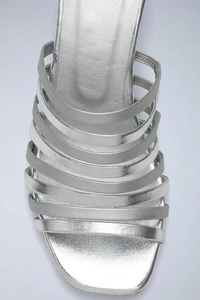 Silver Solid Square Toed Block Heels - wforwoman