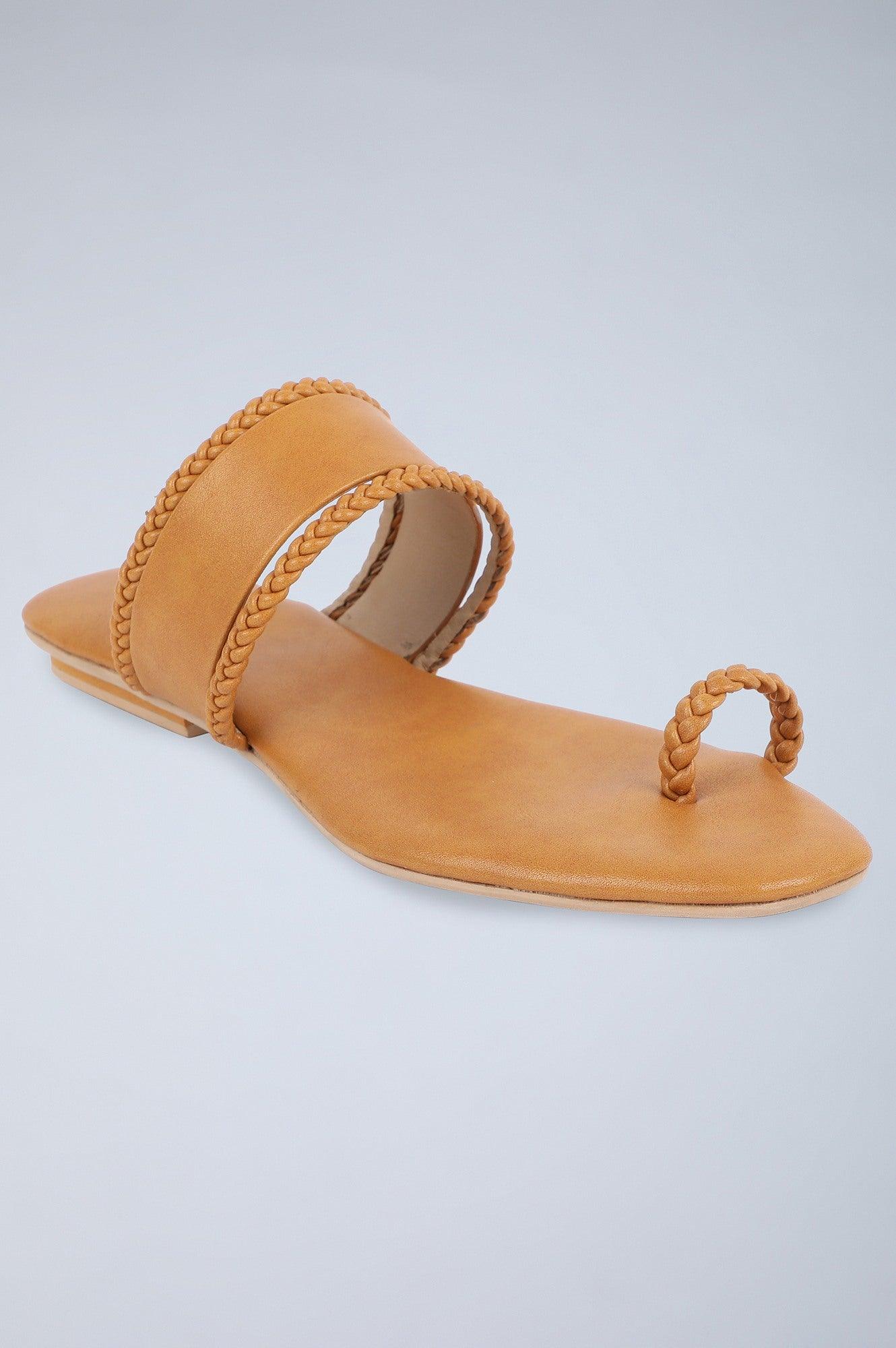 W Light Tan Woven Design Square Toe Flat - wforwoman