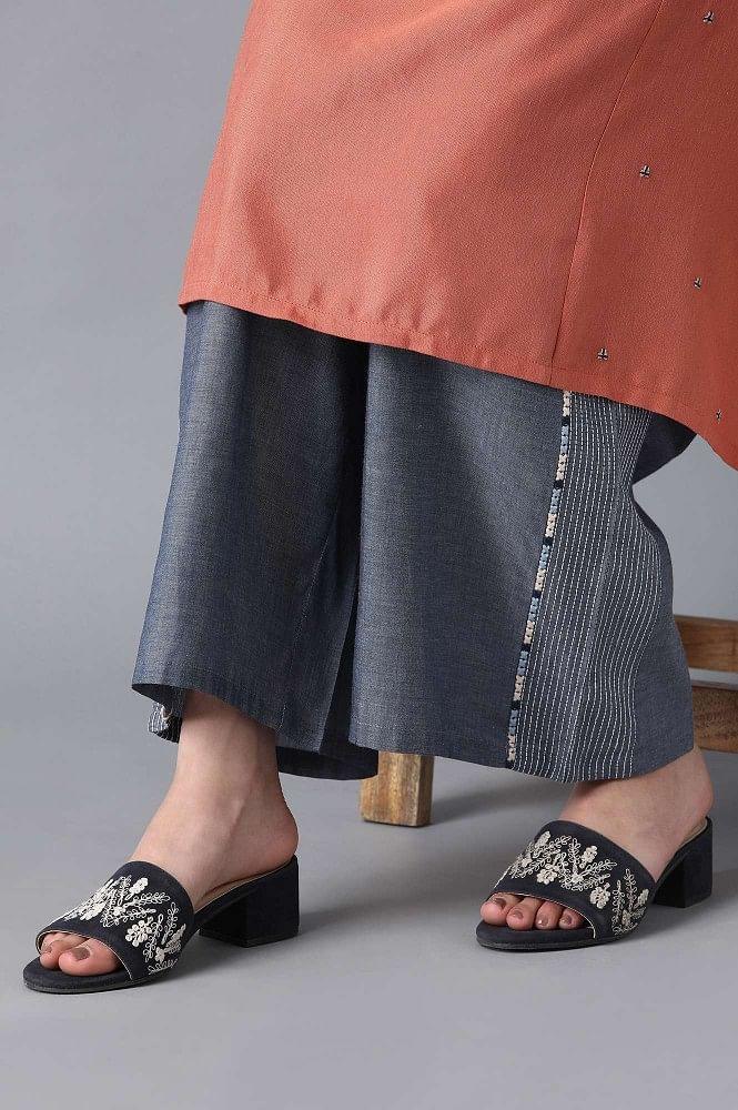 Chambray Blue Embroidered Block Heels - wforwoman