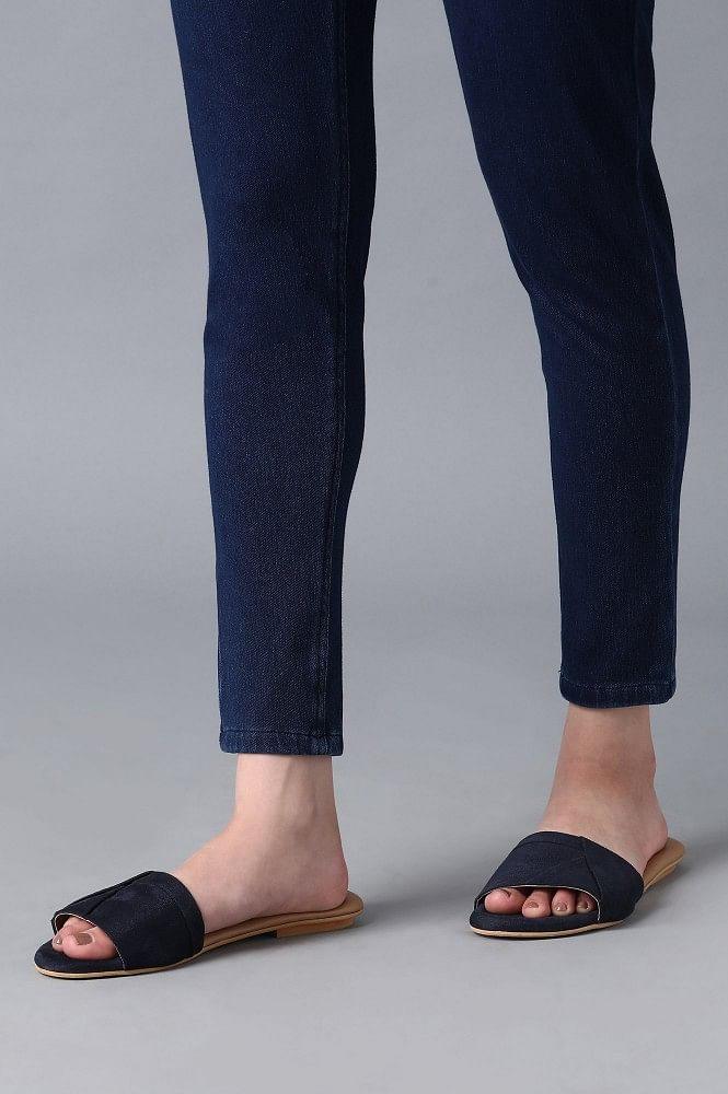 Navy Almond Toe Solid Flats - wforwoman