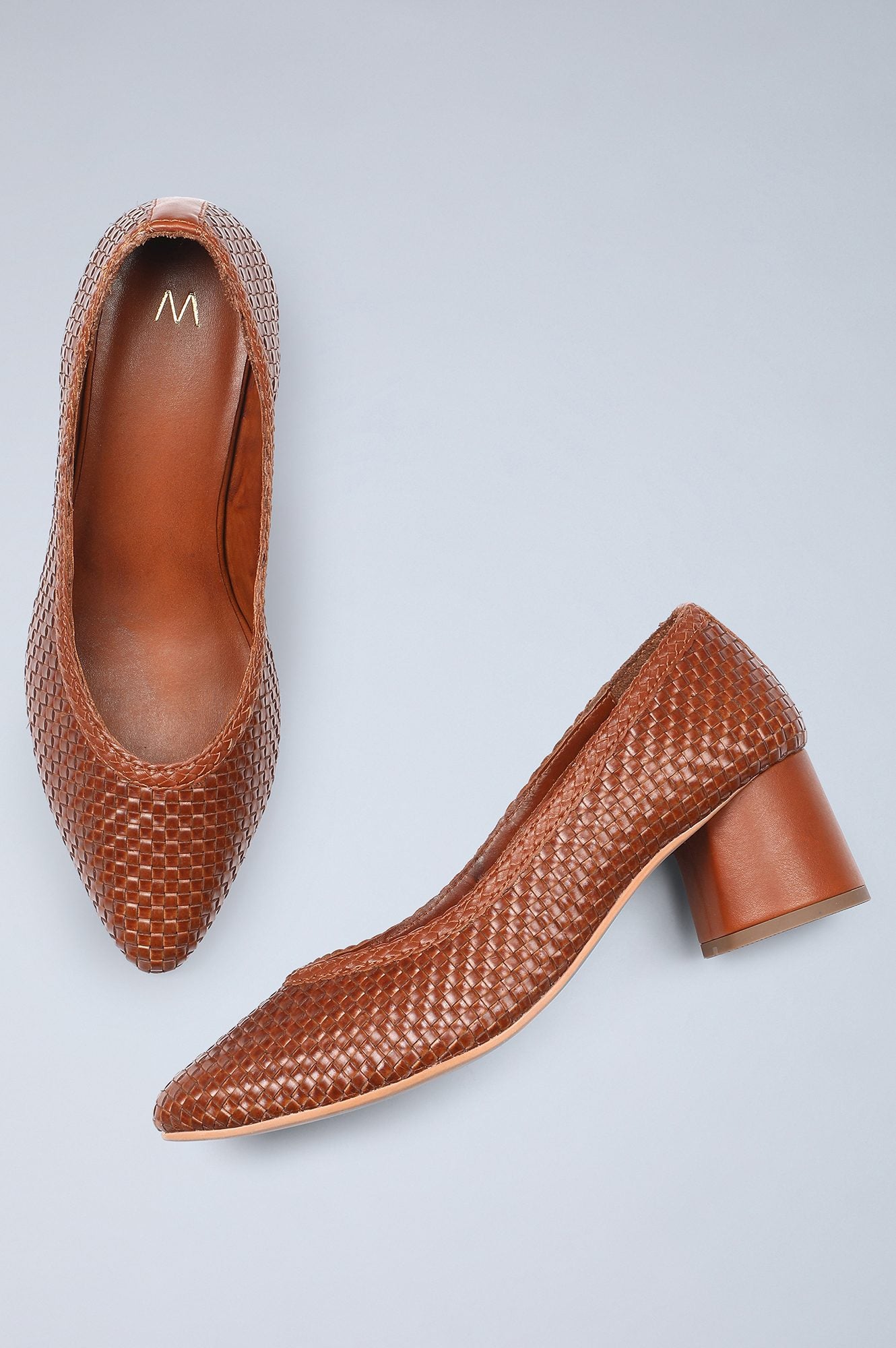 Tan Pointed Toe Woven Block Heels