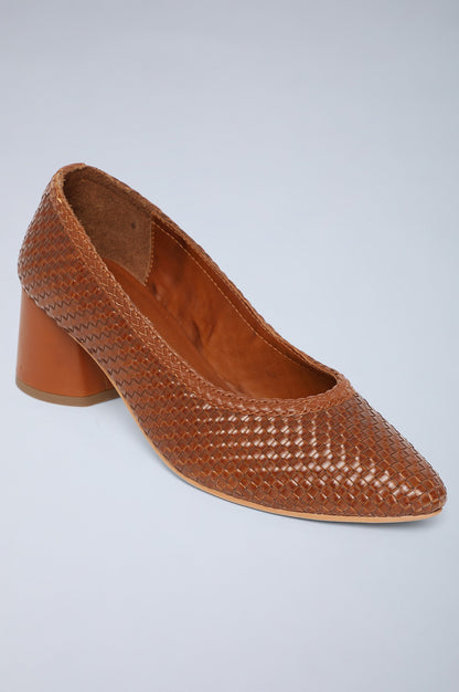 Tan Pointed Toe Woven Block Heels