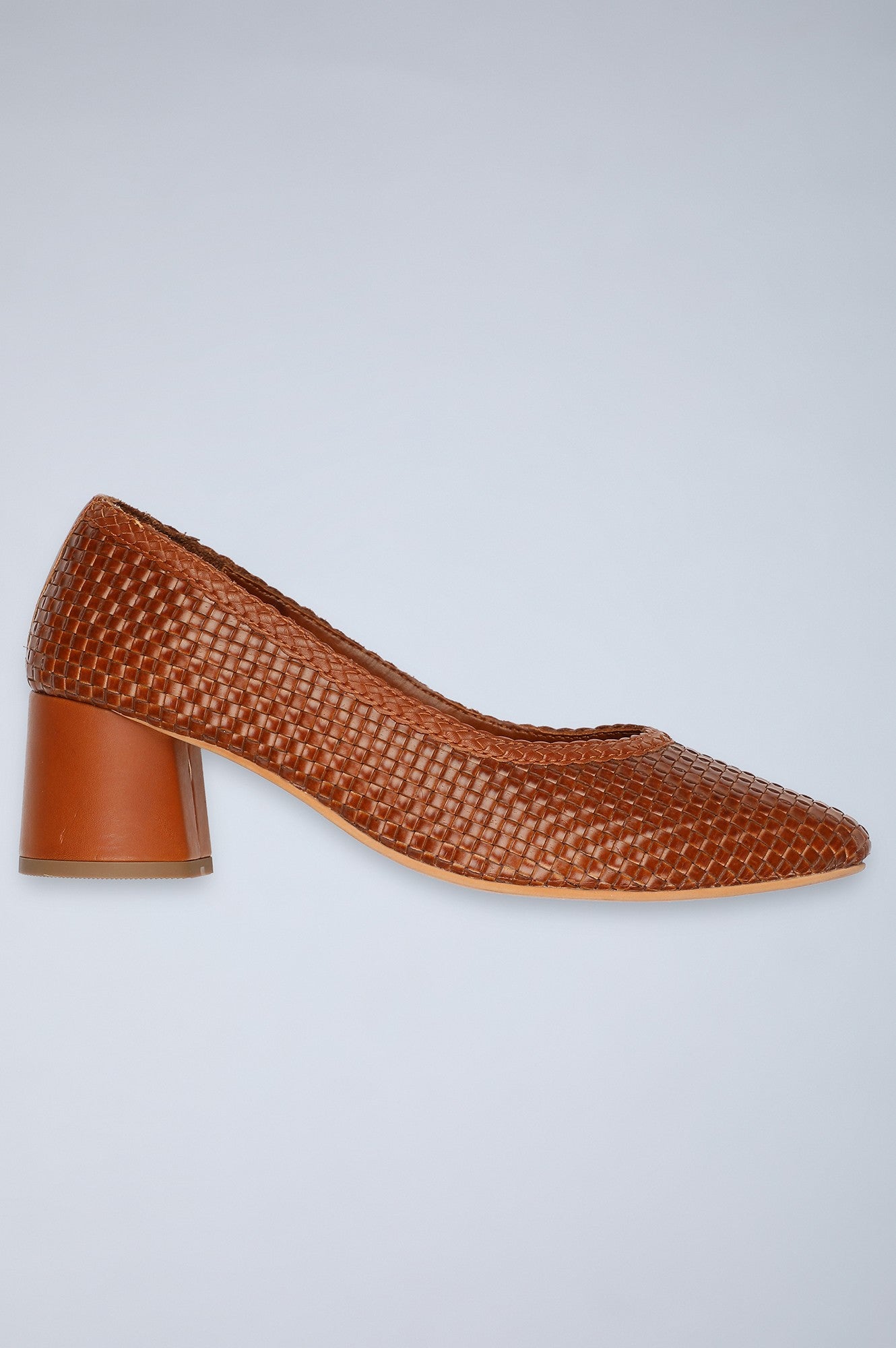 Tan Pointed Toe Woven Block Heels