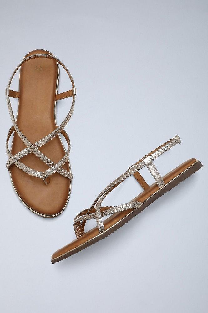 Light Gold Round Toe Braided Sandals - wforwoman