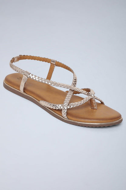 W Woven Design Light Gold Round Toe Flat - wforwoman