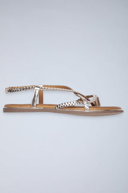 W Woven Design Light Gold Round Toe Flat - wforwoman