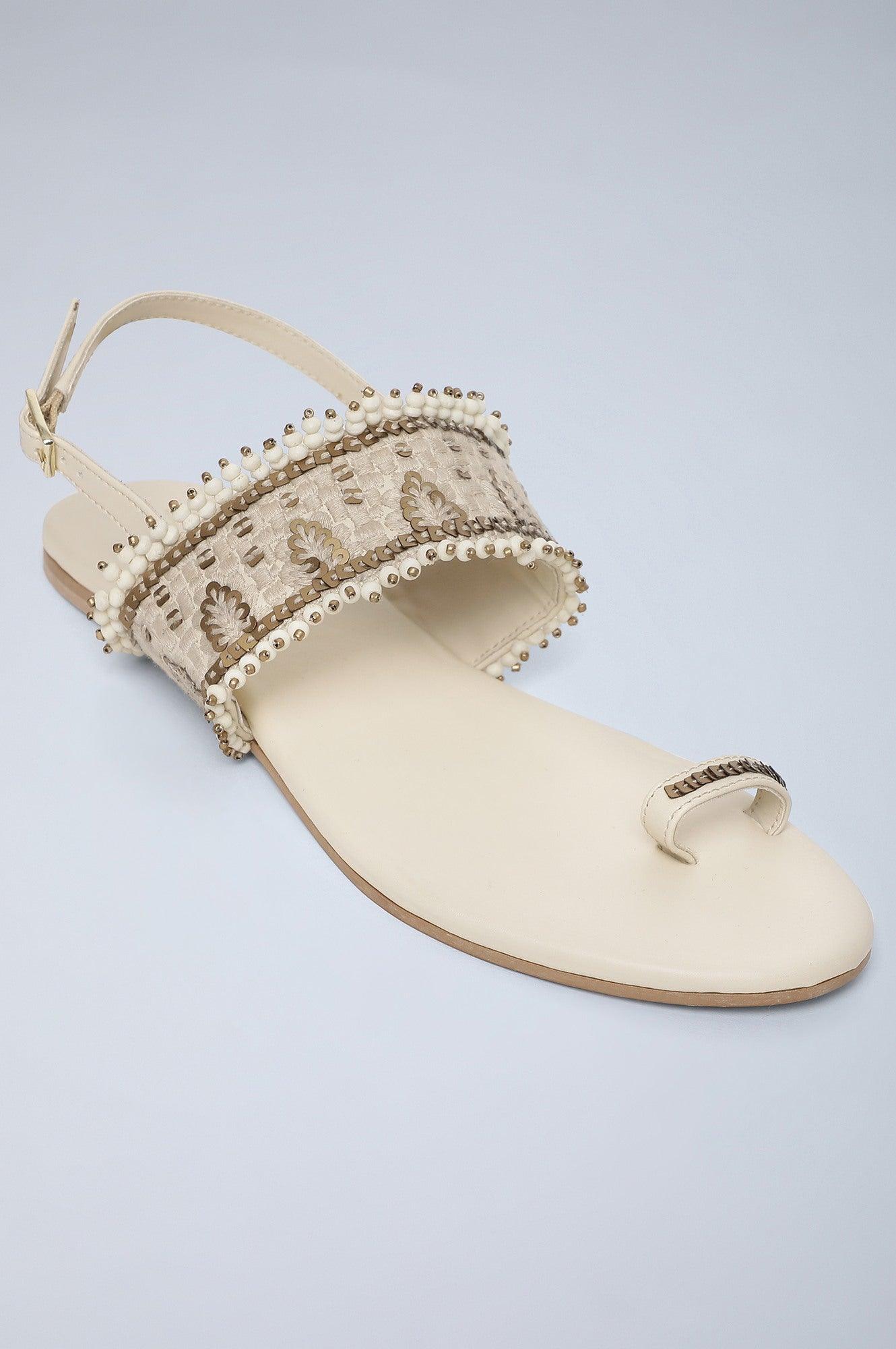 Ecru Almond Toe Embroidered Flat - Wchiara - wforwoman