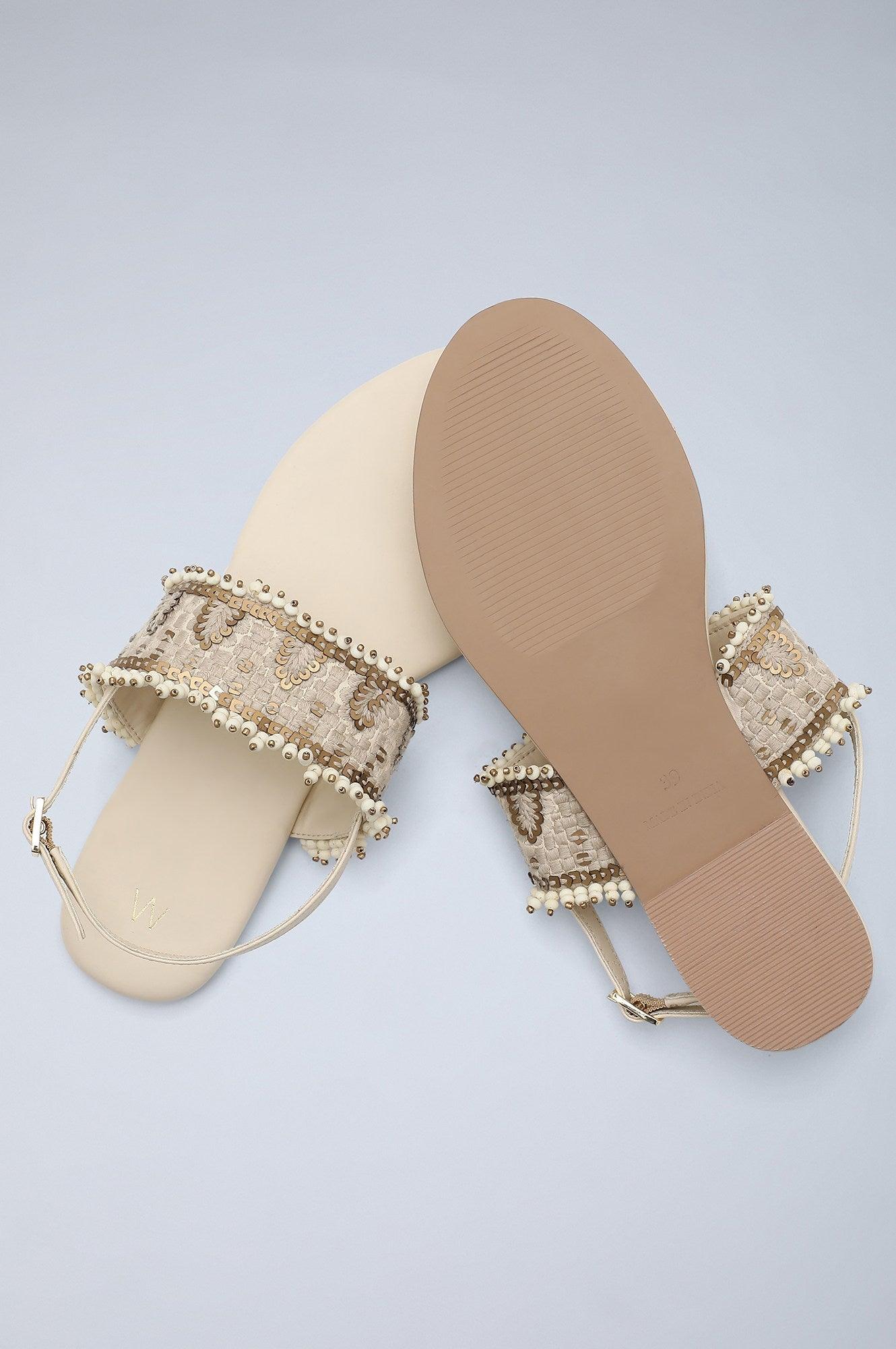 Ecru Almond Toe Embroidered Flat - Wchiara - wforwoman