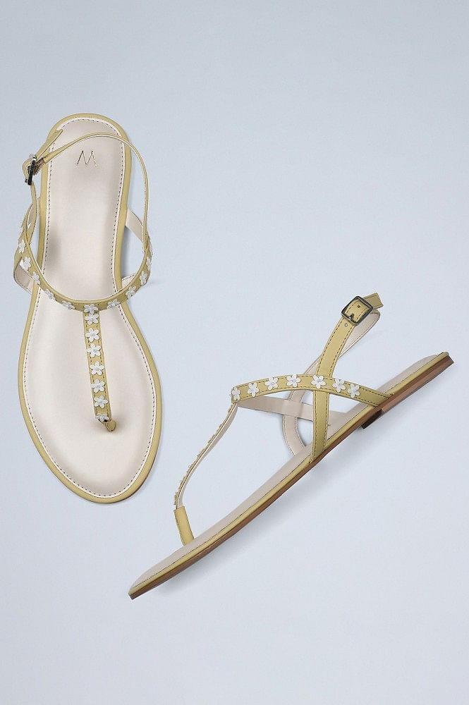 Yellow Almond Toe Embellished Sandals - wforwoman